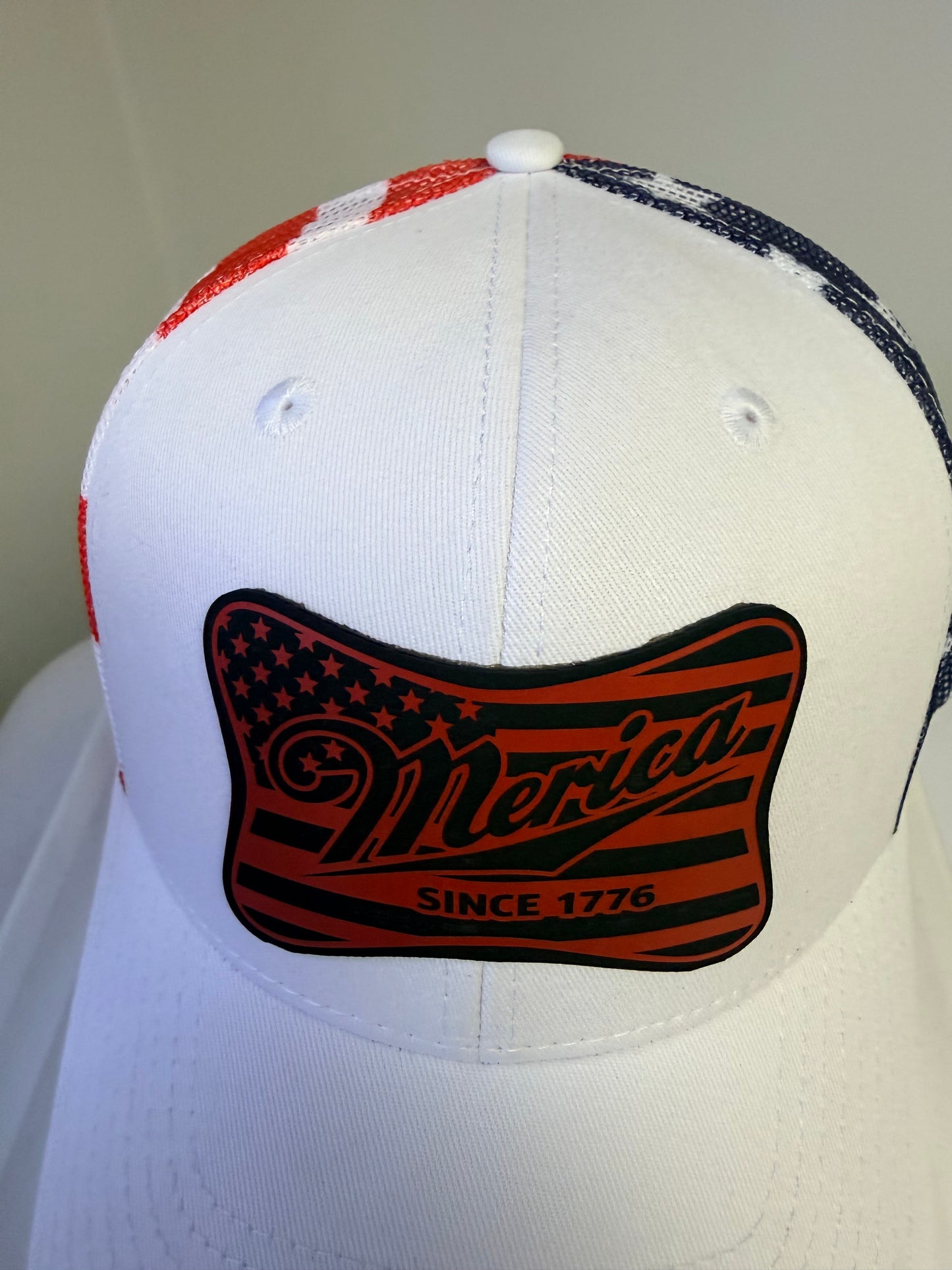 America Since 1776 Leather Patch Hat – Patriotic Trucker Cap | Red White Blue USA Flag Design