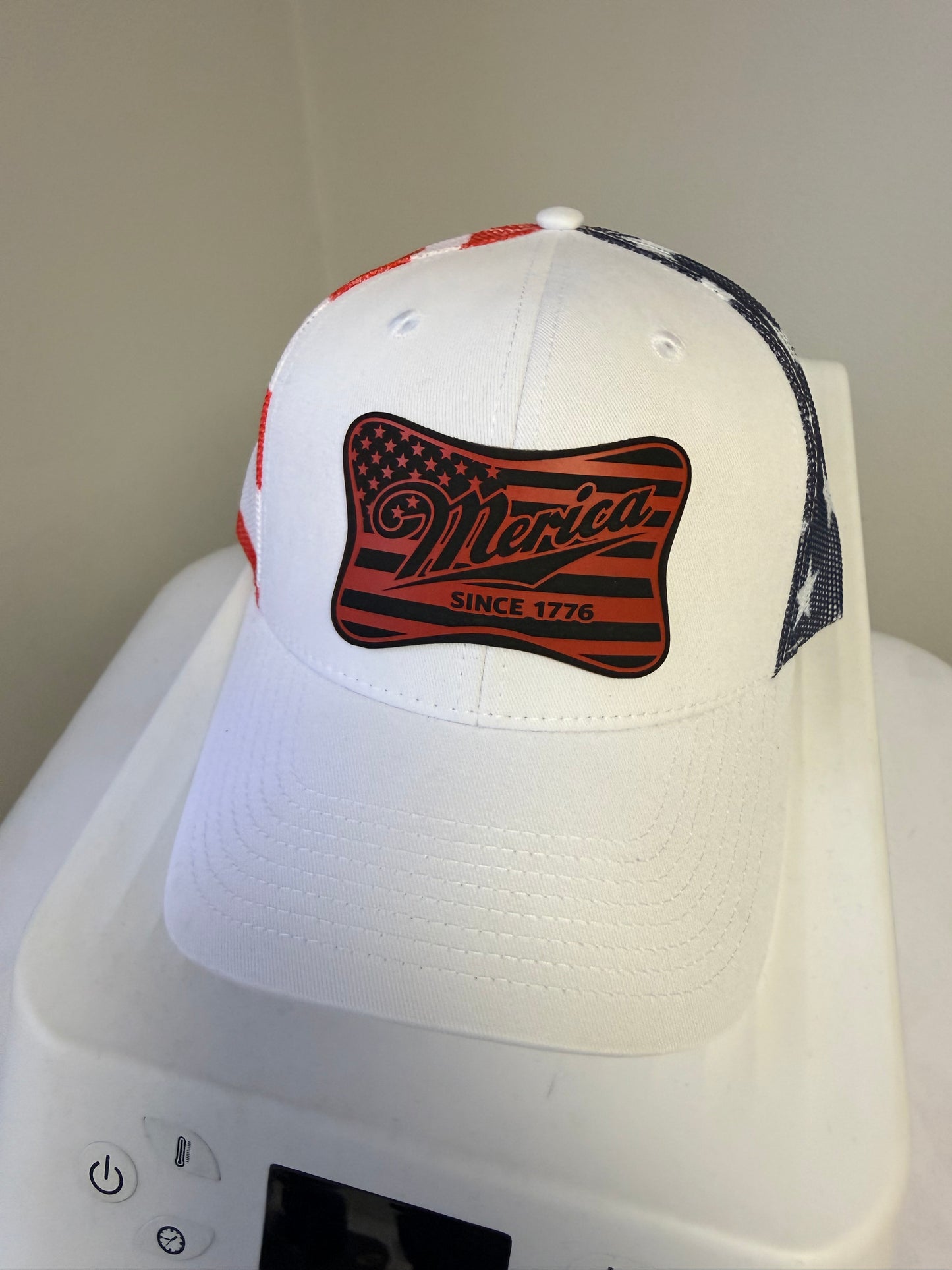 America Since 1776 Leather Patch Hat – Patriotic Trucker Cap | Red White Blue USA Flag Design
