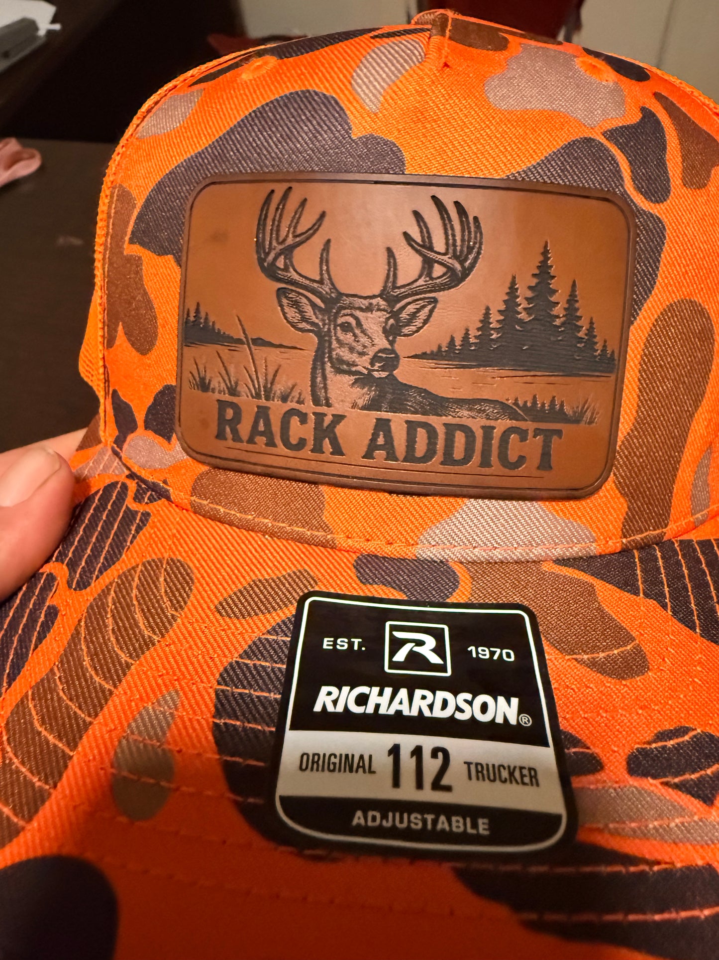 Rack Addict Blaze Orange Camo Trucker Hat – Leather Patch Deer Hunting Cap | Richardson 112 Snapback