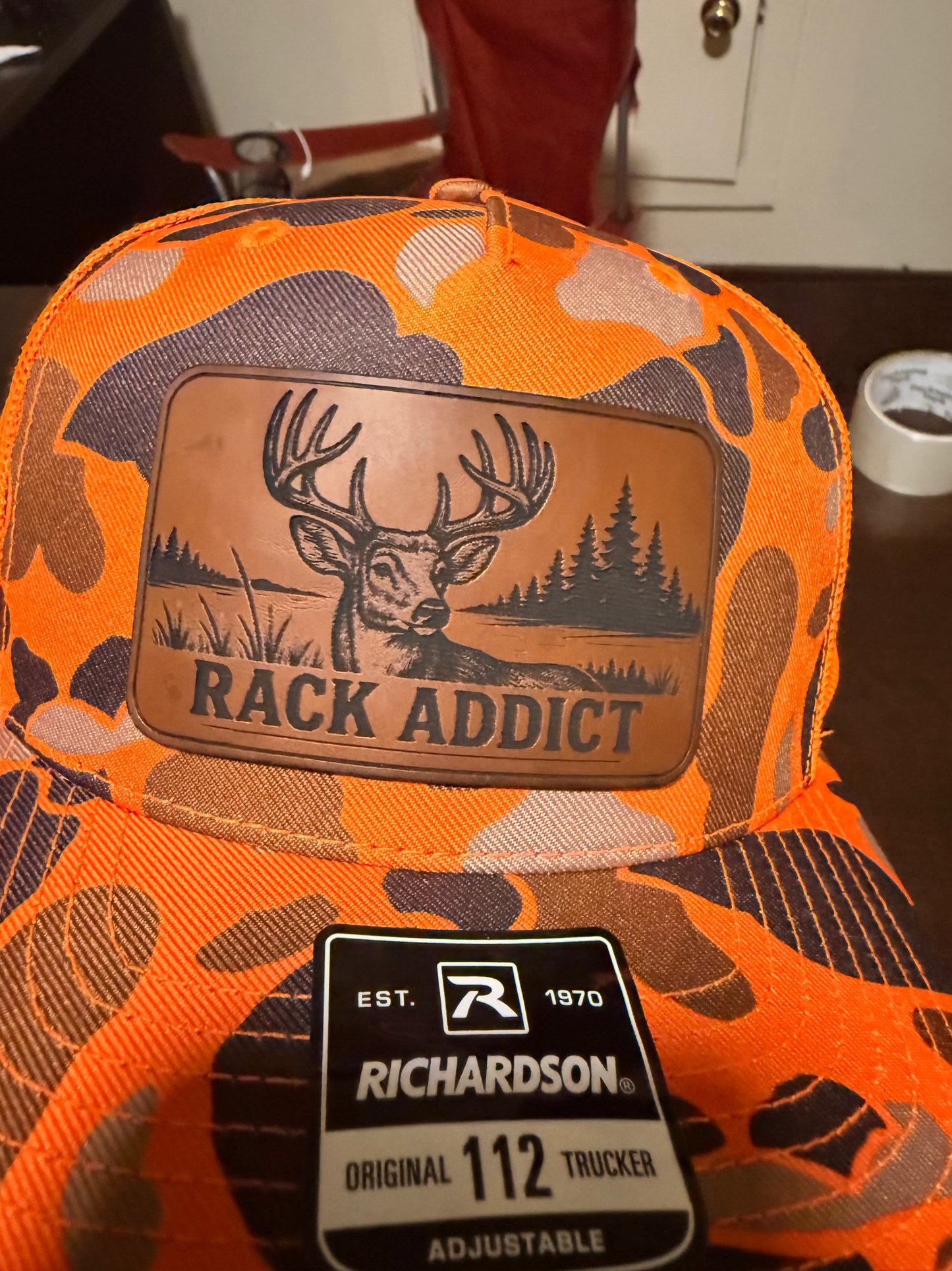 Rack Addict Blaze Orange Camo Trucker Hat – Leather Patch Deer Hunting Cap | Richardson 112 Snapback