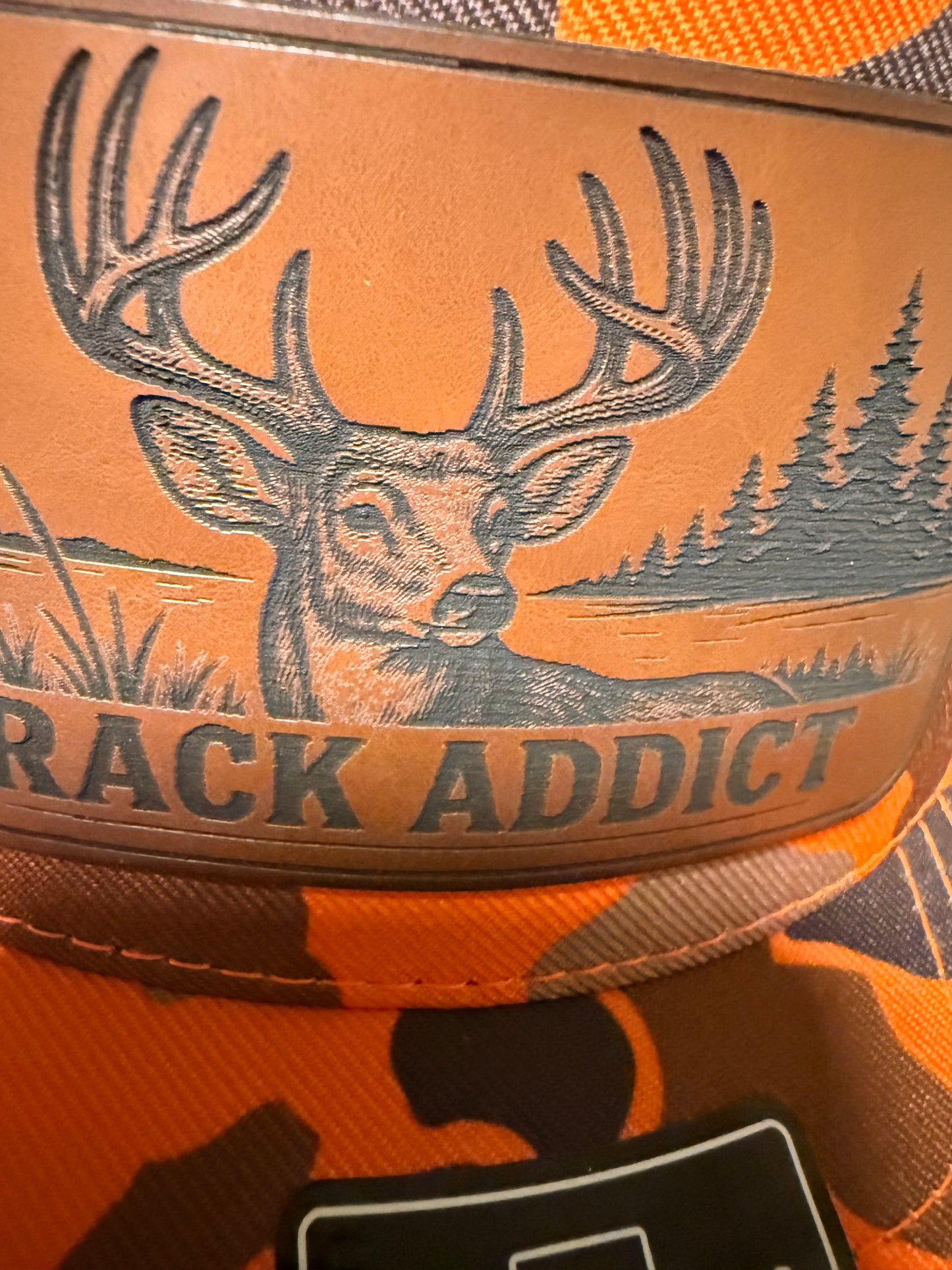 Rack Addict Blaze Orange Camo Trucker Hat – Leather Patch Deer Hunting Cap | Richardson 112 Snapback