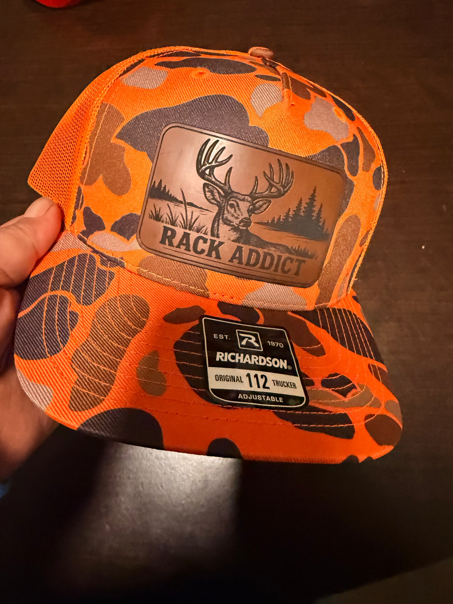 Rack Addict Blaze Orange Camo Trucker Hat – Leather Patch Deer Hunting Cap | Richardson 112 Snapback