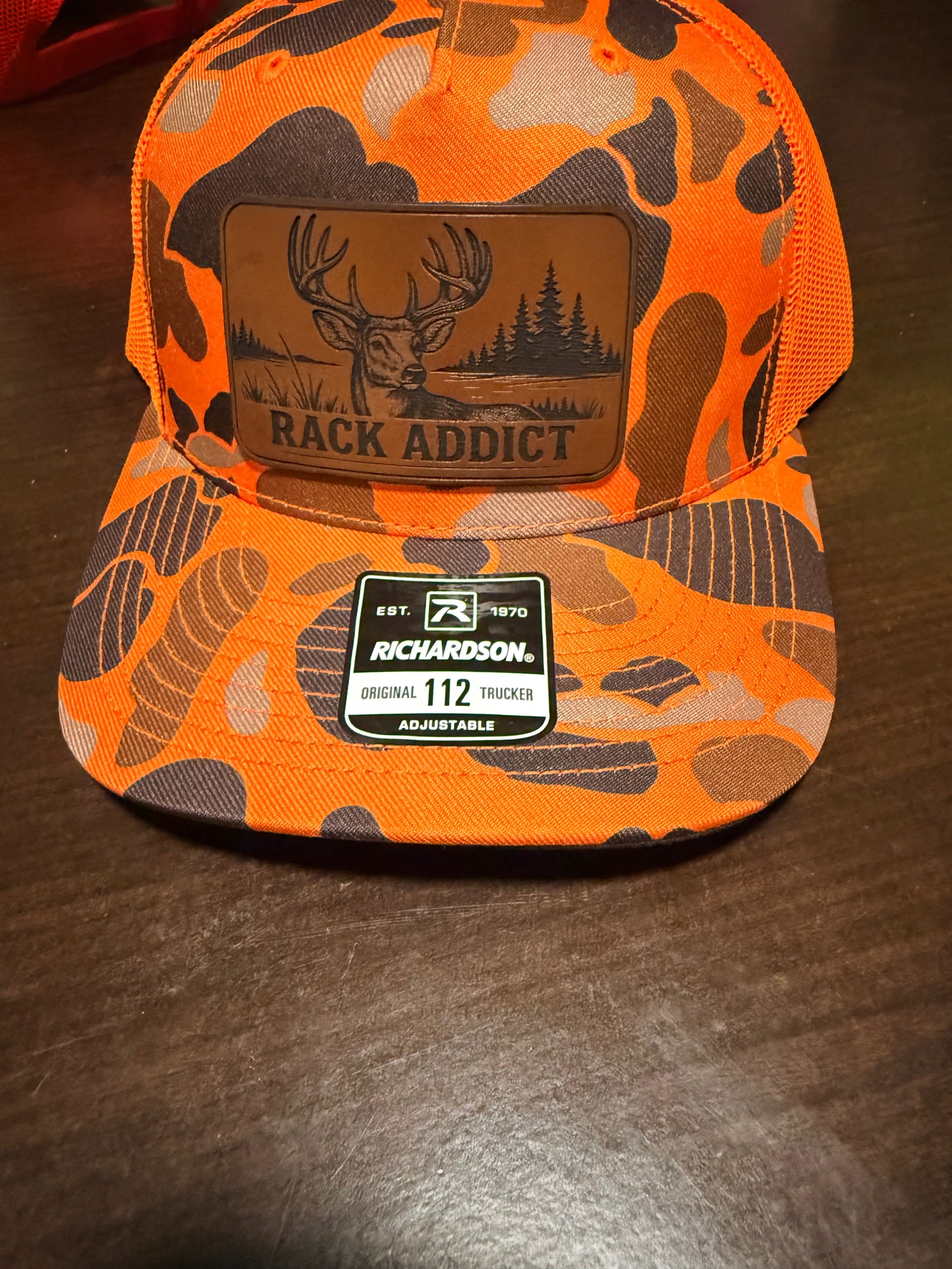 Rack Addict Blaze Orange Camo Trucker Hat – Leather Patch Deer Hunting Cap | Richardson 112 Snapback