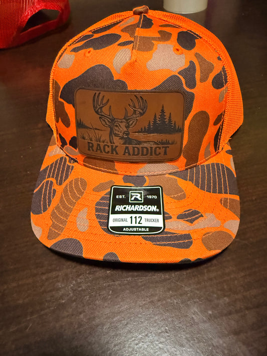 Rack Addict Blaze Orange Camo Trucker Hat – Leather Patch Deer Hunting Cap | Richardson 112 Snapback